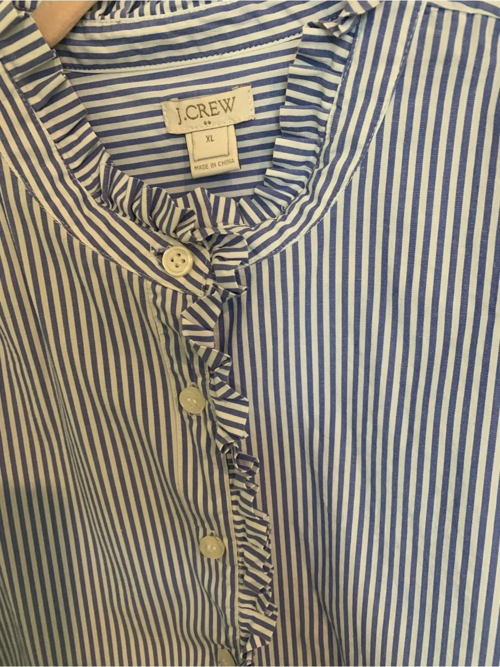 J. Crew Blue and White Stripe Ruffle-Trim Button-Down Shirt